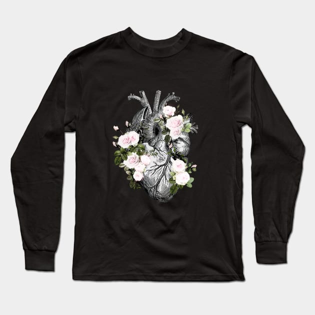 Human heart and roses, anatomy illustration art, lightpink roses and leaves Long Sleeve T-Shirt by Collagedream